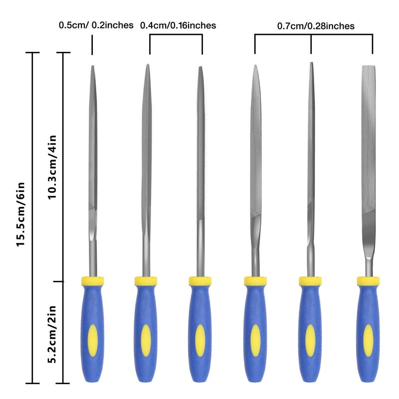 KALIM Needle File Set, Carbon Steel 6 Piece Set(6-1/4'' Total Length) Hardened Alloy Strength Steel - Set Includes Flat, Flat Warding, Square, Triangular, Round, and Half-Round File - Image 2